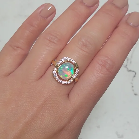 Elegant Gold Opal Ring with Diamond Accents - Picture 7 of 14